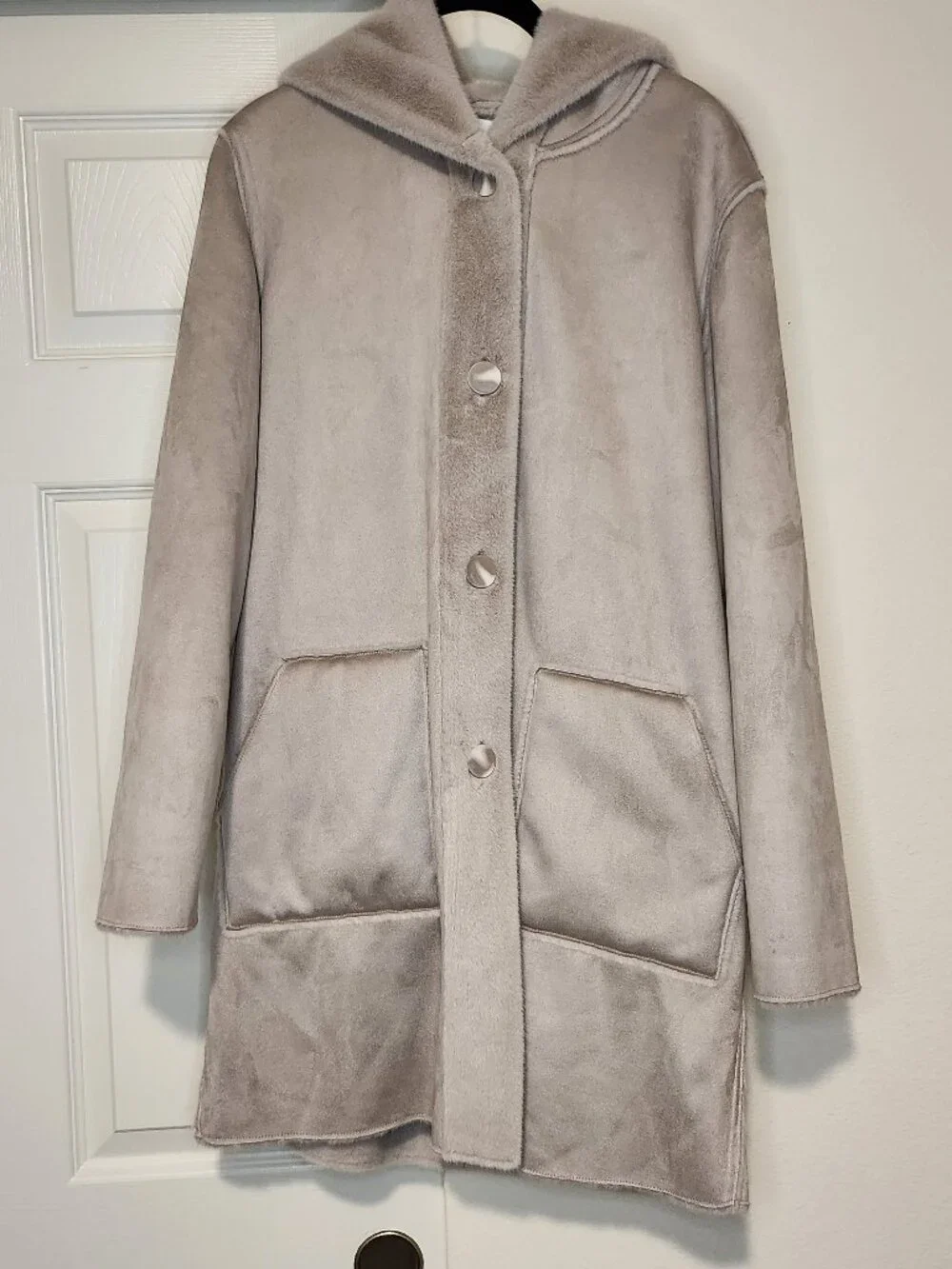 Joseph Ribkoff Taupe Fur Lined Hooded Coat Sz S